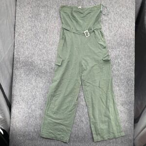 Sim & Sam Olive Jumpsuit Large Green Strapless Linen Blend Cargo Smocked